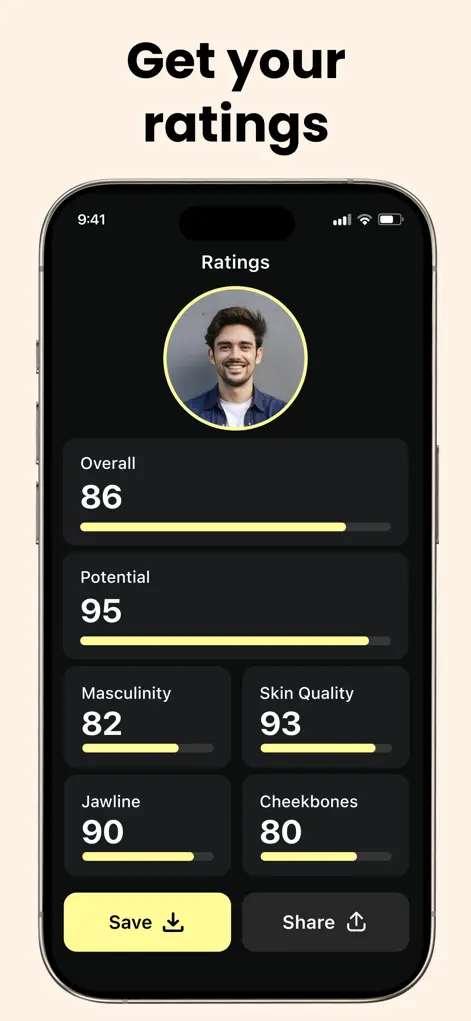 LooksBoost AI app showing an AI face rating analysis on iPhone